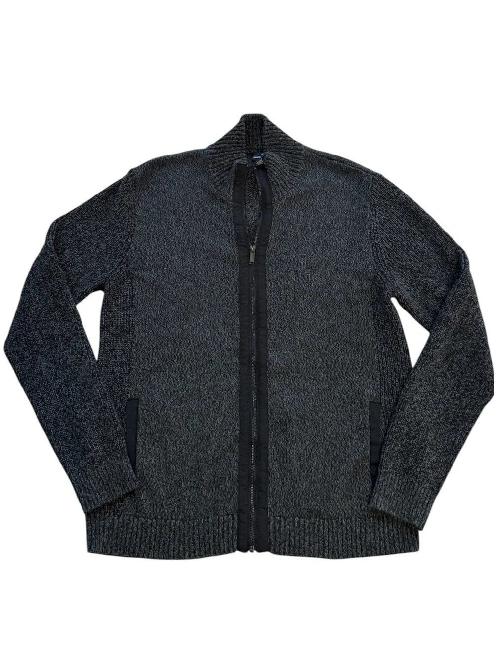Daniel Hechter Paris Full Zip Gray Knit Cotton Sweater Ribbed Collar Men's L